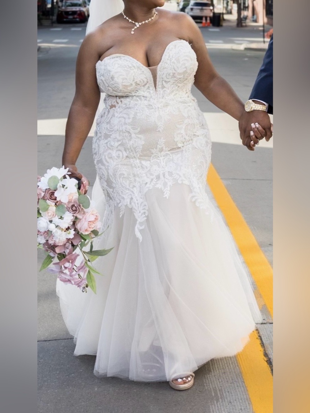 Strapless Lace Appliqué Mermaid Wedding Dress in Ivory